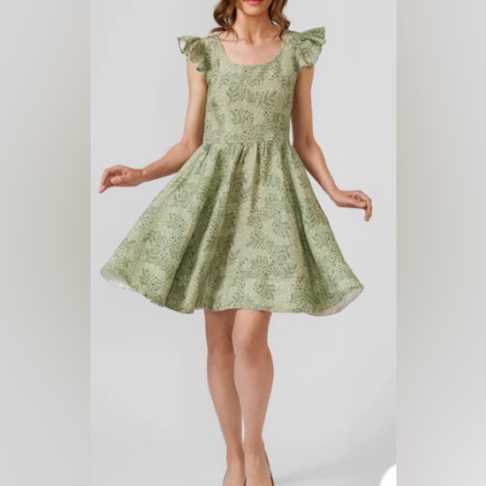 NWT Son de Flor L Mini Carmen Ruffle Sleeve Dress in Forest Fern 100% linen